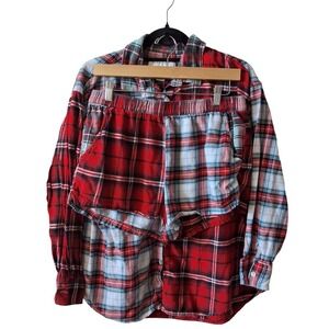 American Eagle Medium AE Lounge Red Blue Plaid Flannel Pajama Set Shirt Shorts